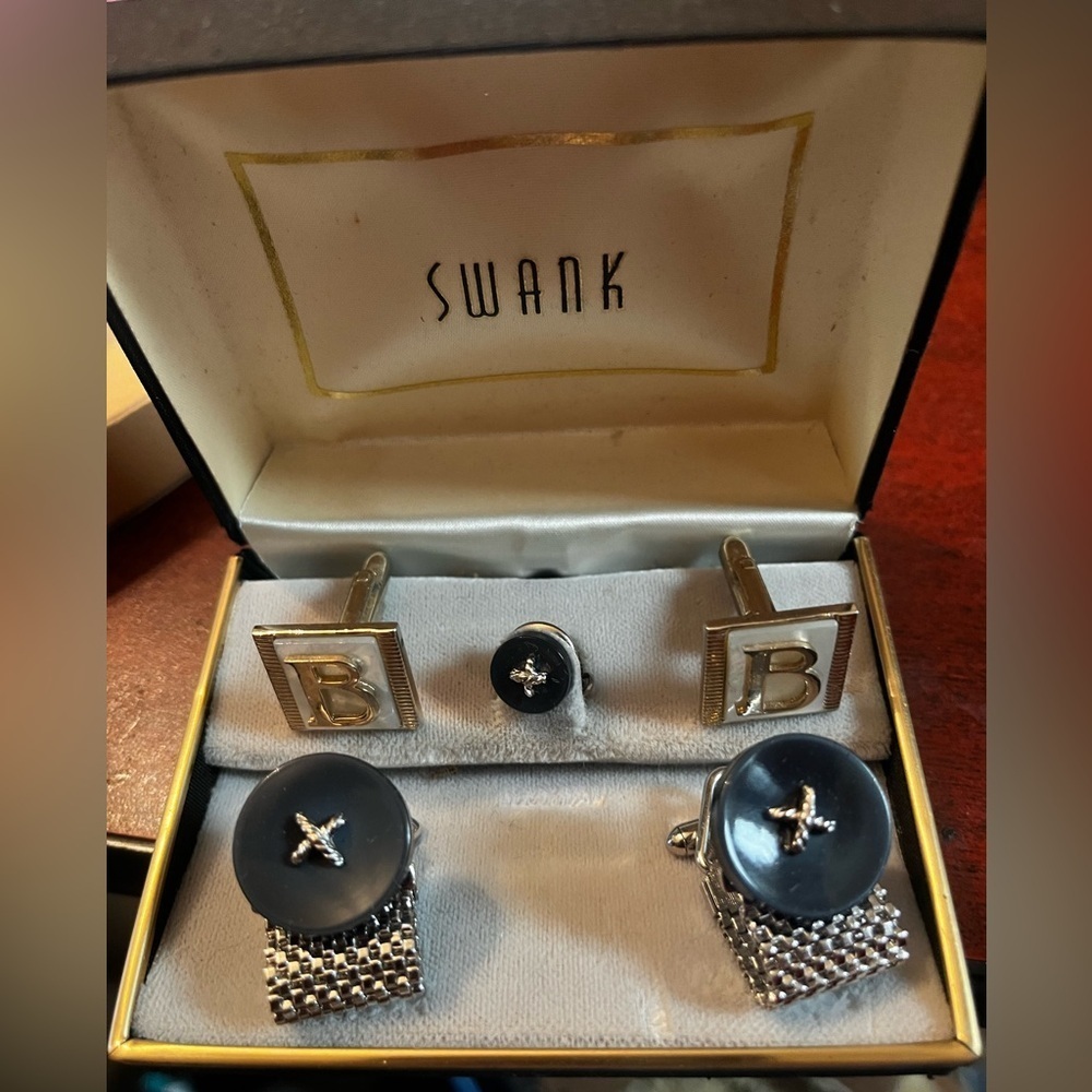 Vintage Swank Cufflinks B Monogram 5 piece set Black Silver Rare